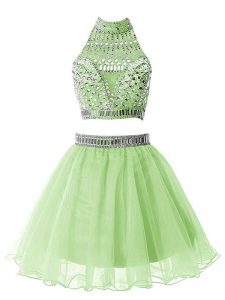 Delicate Sleeveless Organza Knee Length Zipper Vestidos de Damas in Yellow Green with Beading