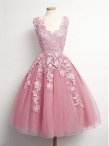 Glamorous Pink V-neck Neckline Appliques Dama Dress for Quinceanera Sleeveless Lace Up