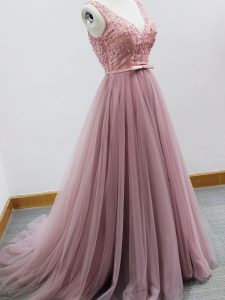 Custom Fit Sleeveless Beading and Belt Zipper Quinceanera Court Dresses with Pink Brush Train