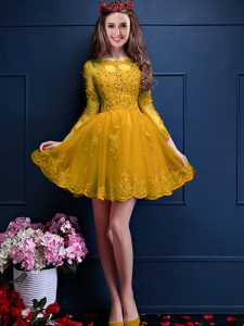 Modern Gold Scalloped Neckline Beading and Lace and Appliques Dama Dress for Quinceanera 3 4 Length Sleeve Lace Up