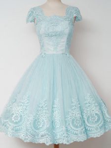 Glittering Cap Sleeves Tulle Knee Length Zipper Damas Dress in Aqua Blue with Lace