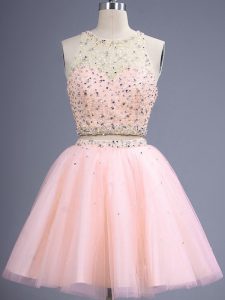 Peach Dama Dress for Quinceanera Prom and Party and Wedding Party with Beading Scoop Sleeveless Lace Up