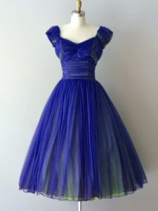 Royal Blue Lace Up Court Dresses for Sweet 16 Ruching Cap Sleeves Knee Length
