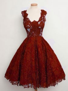 Flirting Knee Length Rust Red Quinceanera Court of Honor Dress Lace Sleeveless Lace