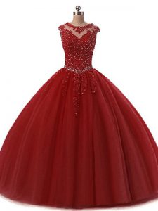 Burgundy Tulle Lace Up Quinceanera Dresses Sleeveless Floor Length Beading and Lace