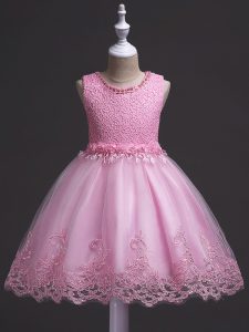 Custom Designed Ball Gowns Toddler Flower Girl Dress Rose Pink Scoop Tulle Sleeveless Knee Length Zipper