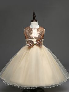 Champagne Scoop Neckline Sequins and Bowknot Little Girls Pageant Dress Sleeveless Zipper