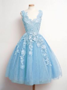 Affordable Knee Length Baby Blue Quinceanera Dama Dress V-neck Sleeveless Lace Up
