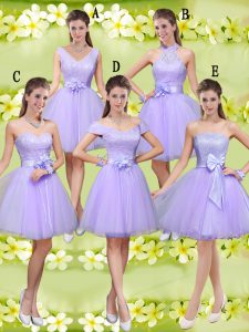 Flare Knee Length A-line Sleeveless Lilac Dama Dress for Quinceanera Lace Up