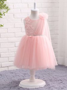 Popular Tulle Sleeveless Knee Length Child Pageant Dress and Appliques and Hand Made Flower