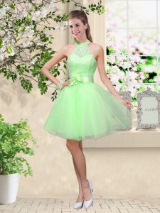 Cute Sleeveless Tulle Knee Length Lace Up Vestidos de Damas in with Lace and Belt