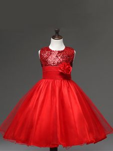 Red Pageant Dresses Wedding Party with Sequins and Hand Made Flower Scoop Sleeveless Zipper
