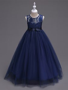 Sleeveless Tulle Floor Length Zipper Little Girl Pageant Gowns in Navy Blue with Lace