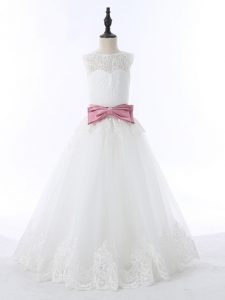 White Scoop Neckline Lace and Bowknot Pageant Gowns For Girls Sleeveless Zipper