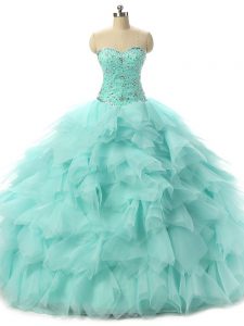 Adorable Sleeveless Tulle Floor Length Lace Up Quinceanera Gown in Apple Green with Beading and Ruffles