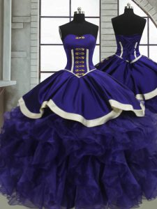 Noble Purple Ball Gowns Sweetheart Sleeveless Organza Floor Length Lace Up Ruffles 15th Birthday Dress