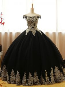 Black Sleeveless Appliques Floor Length Quince Ball Gowns