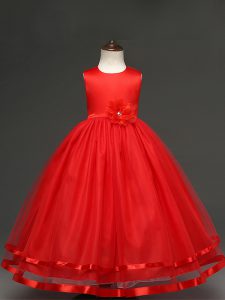 Super Sleeveless Tulle Floor Length Zipper Custom Made Pageant Dress in Red with Hand Made Flower