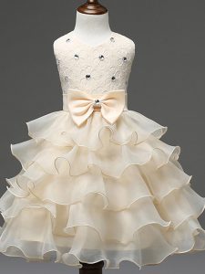 Champagne Zipper Little Girl Pageant Gowns Lace and Ruffled Layers and Bowknot Sleeveless Knee Length