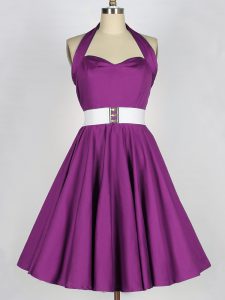 Excellent Purple A-line Taffeta Halter Top Sleeveless Belt Knee Length Lace Up Dama Dress for Quinceanera