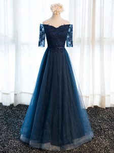 Excellent Navy Blue Half Sleeves Beading and Lace and Appliques Floor Length Mother Dresses