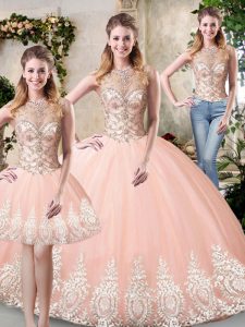 Chic Tulle Sleeveless Floor Length Ball Gown Prom Dress and Beading and Lace and Appliques