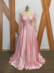 Scoop Long Sleeves Mother of the Bride Dress Beading and Appliques Baby Pink Elastic Woven Satin