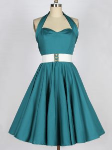 Customized Sleeveless Knee Length Belt Lace Up Quinceanera Court of Honor Dress with Teal