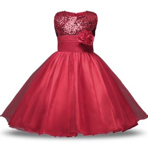 Best Scoop Sleeveless Organza and Sequined Flower Girl Dresses for Less Bowknot and Belt and Hand Made Flower Zipper