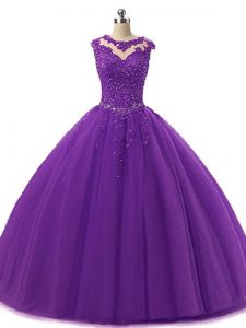 Customized Scoop Sleeveless Lace Up Quinceanera Dress Dark Purple Tulle