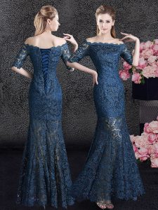 Free and Easy Mermaid Lace Off The Shoulder Half Sleeves Lace Up Lace Mother of Groom Dress in Navy Blue