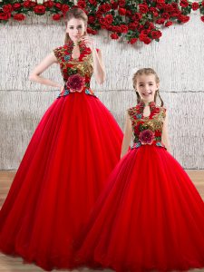 Custom Made High-neck Sleeveless Ball Gown Prom Dress Floor Length Appliques Red Organza