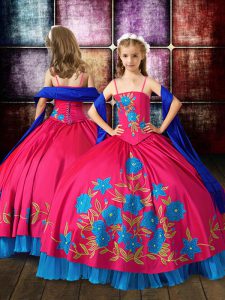 Embroidery Kids Pageant Dress Hot Pink Lace Up Sleeveless Floor Length
