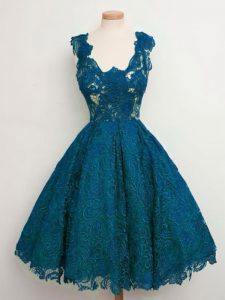 High End Sleeveless Lace Knee Length Lace Up Court Dresses for Sweet 16 in Teal with Lace