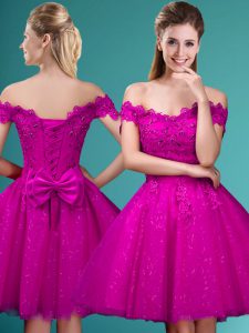 Fine Fuchsia Off The Shoulder Lace Up Lace and Belt Dama Dress for Quinceanera Cap Sleeves