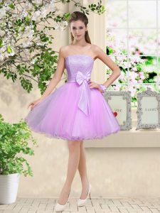 Glittering Sleeveless Knee Length Lace and Belt Lace Up Dama Dress with Lilac