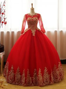 Extravagant Long Sleeves Floor Length Appliques Lace Up Quinceanera Gowns with Red