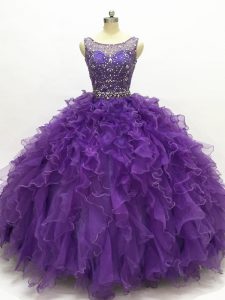 Discount Purple Organza Lace Up Scoop Sleeveless Floor Length Ball Gown Prom Dress Beading and Ruffles