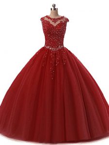 Tulle Scoop Sleeveless Lace Up Beading and Lace Quinceanera Dress in Wine Red