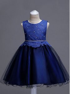 Amazing Navy Blue Organza Zipper Flower Girl Dresses Sleeveless Knee Length Lace