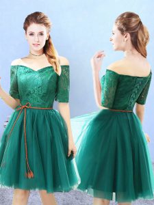 Pretty Green A-line Lace Vestidos de Damas Lace Up Tulle Half Sleeves Knee Length