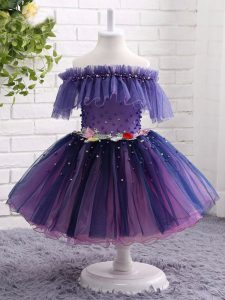 Purple Short Sleeves Knee Length Beading and Hand Made Flower Lace Up Kids Pageant Dress