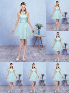 Aqua Blue A-line Tulle Halter Top Cap Sleeves Appliques Mini Length Lace Up Dama Dress