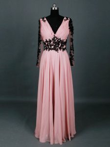 Lace and Appliques Mother Dresses Pink Zipper Long Sleeves Floor Length