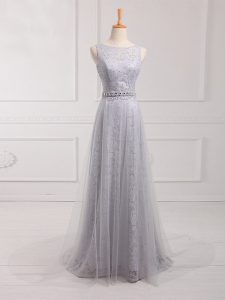 Pretty Grey Tulle and Lace Zipper Dama Dress for Quinceanera Sleeveless Brush Train Beading and Lace