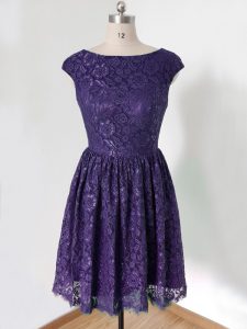 Sophisticated Empire Dama Dress Purple Scoop Lace Cap Sleeves Knee Length Lace Up