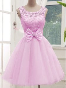 Luxurious Lilac A-line Tulle Scoop Sleeveless Lace and Bowknot Knee Length Lace Up Vestidos de Damas