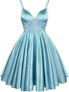 Aqua Blue Sleeveless Elastic Woven Satin Lace Up Dama Dress for Prom and Party and Wedding Party
