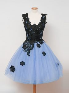 Knee Length Light Blue Dama Dress for Quinceanera Tulle Sleeveless Lace