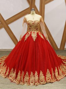 Long Sleeves Tulle Court Train Lace Up Quinceanera Gown in Wine Red with Beading and Appliques